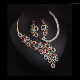 Pendientes del collar Conjunto de la moda de la cadena de metal de diamantes de imitación brillante colgante de pavo real damas y boda de fiesta