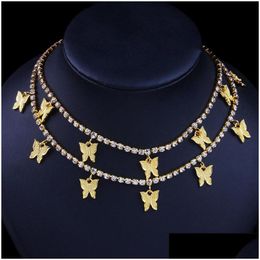 Pendant Necklaces Butterfly Choker Necklaces Gold Sier 2 Layers Designer Animal Pendant Iced Out Chain Fashion Rhinestone Hip Hop Bl Dhgzd