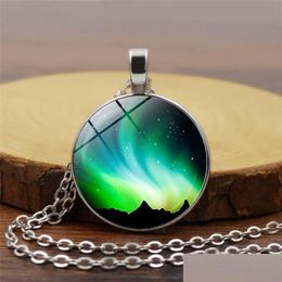 Pendant Necklaces New Fashion Green Aurora Borealis Necklace Glass Cabochon Pendant For Women Gift Girls Best Festival Jewellery Drop Dhc2K