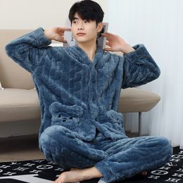 Men's Sleepwear Gray Coral Fleece Pijama For Men Winter Single-Breasted Pajamas Long Sleeve Trousers Leisure Pyjama Night 221117
