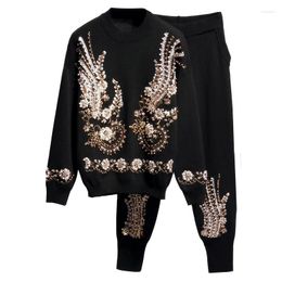 Women's Two Piece Pants Autumn Winter Tracksuit Women Fashion Beading Long Sleeve Knitted Sweater Harlan 2 Set Ladies Clothing Tide G615