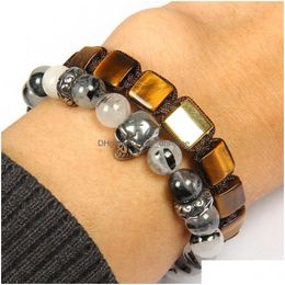 Charm Bracelets Sier Stainless Steel Skl Bracelet Wholesale 10Pcs/Lot Color Kee Beaded Bracelets With 8Mm Natural Stone Beads Drop D Dhcel