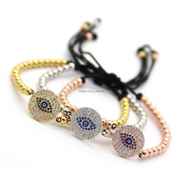 Charm Bracelets Jewellery Braided Rame Bracelets 4Mm No Fade Bronze Beads Weave Round Blue Colour Eye Cubic Zirconia Drop Delivery Dhvoo