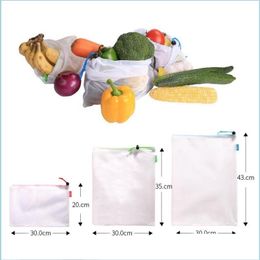 Storage Bags Reusable Mesh Produce Bag Washable Bags Ecofriendly Grocery Holder Kitchen Fruit Vegetable Storage Dstring Pouch Drop D Dhvys