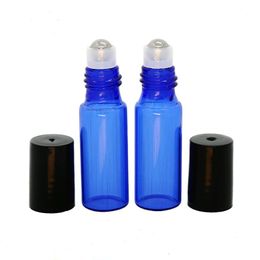 Portable Thick 5ml Blue bottle Empty Roll on Glass Bottle With Metal Roller Ball For Essential Oil LX1060