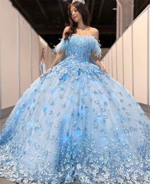 Sky Blue Off The Shoulder Feathers Quinceanera Dresses Beaded Celebrity Party Gowns D Flowers Graduation Ball Gown Vestido De