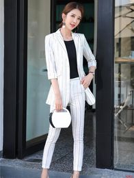 Women's Two Piece Pants Office Ladies White Striped Blazer For Women Business Suits With Pant And Jacket Sets Pantsuits OL Styles
