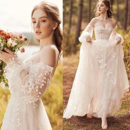 Vintage A-Line Long Puff Sleeve Wedding Dress Off Shoulder Formal Bridal Gowns Lace Appliques