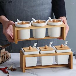 Storage Bottles Ceramic Seasoning Jar Household Kitchen Three-piece With Lid Bamboo Wooden Stand Salt Shaker Sugar MSG Condiment Box