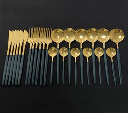 24Pcs New Green Gold Cutlery Mirror Dinnenrware Set Stainless Steel Flatware Dinner Knife Fork Spoon Teaspoon For Home2772125