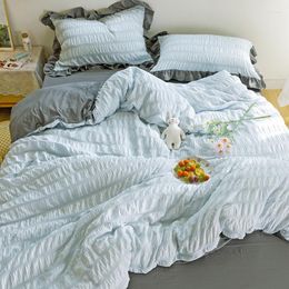 Bedding Sets Girl Heart Set Seersucker Washed Cotton Four-piece Simple Pure Colour Lace 2m Duvet Cover Sheet