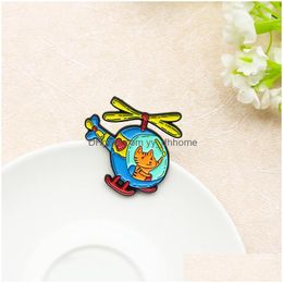 Pins Brooches Cartoon Cat Alloy Brooch Driving Love Helicopter Waving To Landing Creative Badge Denim Shirt Collar Pin Wholesale Dr Dhtso