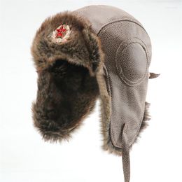 Berets Men's Winter Waterproof Soviet Badge Lei Feng Hats Russian Ushanka Hat Outdoor Warm PU Leather Thicken Windproof Snow Caps