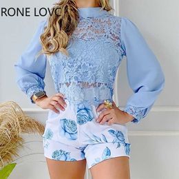 Women's Two Piece Pants Women Elegant Lace Patchwork Long Sleeves Crop Top Floral Print Bottom Fashion Working Short Sets T221012