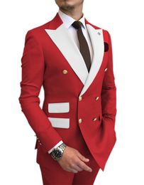 2021 Red Men039s 2 pièces costumes Smoking Tuxedos Party Wear Double Breasted Groom Cost Slim Fit White Peak Papel Man Bla