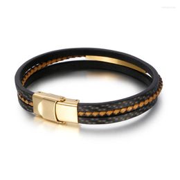 Bangle Fashion Multilayer Weaving Leather Men Bangles Gold Silver Colour Stainless Steel Square Zircon Bracelets Jewellery