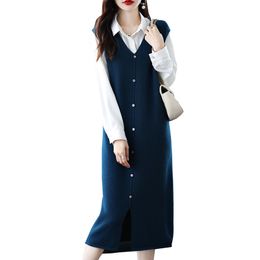 Casual Dresses High End 100 Pure Wool Cashmere Knitted Long Sweater Vintage Sleeveless Vest Dress Women Elegant Winter Dress Vestito Autumn 221119