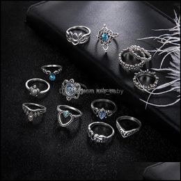 Cluster Rings Ancient Sier Knuckle Ring Set Diamond Heart Elephant Turtle Crown Stacking Rings Midi Women Fashion Jewellery Gift Drop D Dh5Wd