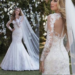 Long Sleeve Mermaid Wedding Dress Romantic V Neck Beaded Appliques Bridal Gown