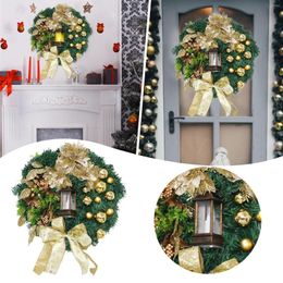 Decorative Flowers Holy Christmas Wreath With Lights Lit Scene Warm Led At The Front Door 30cm