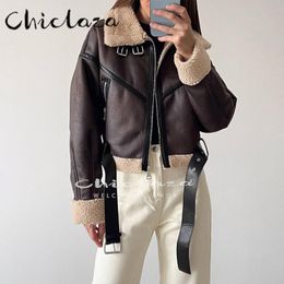 Womens Leather Faux CHICLAZA Winter Women Short With Belt Warm Jacket Coat Female Casual Long Sleeve Lamb Wool Thick biker Outwear 221118