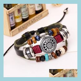 Other Bracelets Fashion Mtilayer Men Beaded Leather Bracelets Sun Shape Charms Braided For Women Vintage Punk Wrap Wristband Jewelry Dhwak