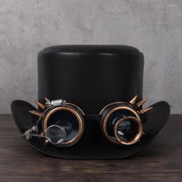 Berets Women Men Leather Top Hat Punk Glasses Fedoras Magician Steampunk Cosplay Party Caps Dropshiping 3Size 13CM