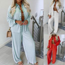 Women's Two Piece Pants Casual Sets Women Corduroy Shirts And Wide Leg Pant Spring Autumn Tracksuit Outfit