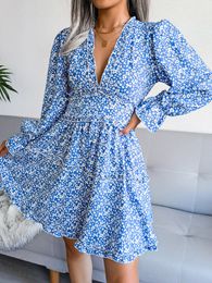 Casual Dresses Elegant Floral Print Boho Mini Dress Sexy Vneck Ruffles Long Sleeve Chiffon Pleated Bodycon Dress Women Autumn Casual Vestidos 221119