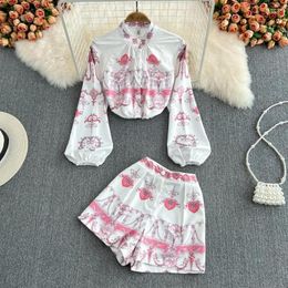 Women's Tracksuits Fashion Suit Ladies Temperament Stand-up Collar Single-breasted Printed Shirt Women's 2-piece High-waisted Wide-leg