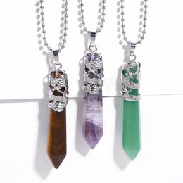 Natural Stone Necklaces Animal Dragon Wrap Hexagon Pendant Silver Chain Men Fashion Crystal Amethyst Tiger Eye Opal Quartz Onyx Choker Jewlery for Women Gift