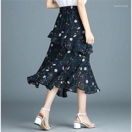 Skirts Chiffon Skirt Women's Summer Long 2022 Floral High Waist Irregular Ruffle Dress Woman Mujer Faldas Saias Mulher