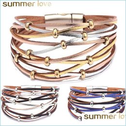 Other Bracelets Handmade Personalised Beads Leather Bracelets For Women Men Fashion Mtiple Layers Charm Gold Sier Wrap Bracelet Bang Dhg8O