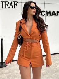 Women's Suits Blazers TRAF Orange Cropped Woman Cross Tie Jacket Fashion Streetwear Female Long Sleeve Outfit 221119