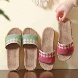 Women Men Block Linen Indoor And Outdoor Home Wooden Floor Tiles Anti Summer Four Seasons Linen Open Toe Straw Slippers J220716