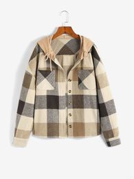 Women's Jackets Hooded Plaid Drop Shoulder Pocket Jacket Women Button Up Shacket Spring Autumn Casual Outerwear Fashion Clothing 221118
