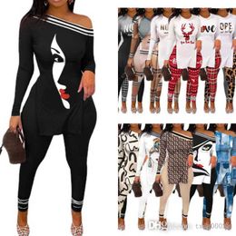 2022 Fall Winter Women Tracksuits Personalise Printed Pants Outfits Sexy Off Shoulder Split T Shirt Leggings Suit 2 Piece Matching Sets