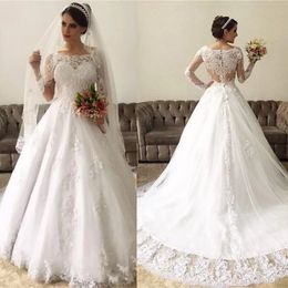 Luxury Long Sleeves Lace Tulle Ball Gown Wedding Dress Vestidos De Noiva 2022 Bateau Neck Custom Made