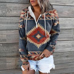 Gym Clothing Vintage Print Hooded Sweatshirts Women Casual Spring Autumn Aztec Long Sleeve Zip Sweatshirt Hoodies