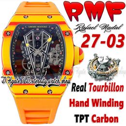 RMF ysf27-03 Mens Watch Real Tourbillon Hand Winding Red Yellow TPT Quartz Carbon Fibre Case Skeleton Dial Orange Rubber Strap Super Edition Sport eternity Watches