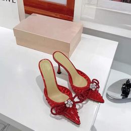 Latest fashion PVC transparent BowPointed high-heeled shoes 95mm Crystal-Embellishments rhinestone shoes sandals for women slipper Baotou half slippe