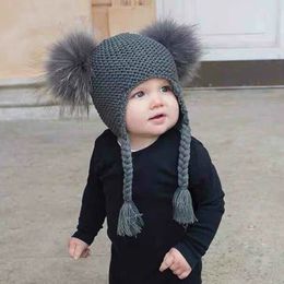 Beanie/Skull Caps Autumn Winter Baby Kids Beanie 15 CM Real Fur Pompom Hat For Children Warm Wool Knitted Earflap Cap 221119