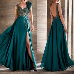 Luxuriant Prom Dresses Transparent Tulle with Applicant Big Flower on the Shoulder V-neck Backless Sleeveless Split Floor Length Custom Made Plus Size Robes