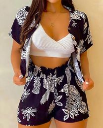 Women's Tracksuits 2022 Summer Woman Chic Turn-down Collar Floral Print Button Front Casual Short Sleeve Top & Above Knee Shorts Set