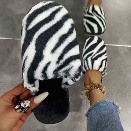 Women Home Slippers Fashion Autumn Winter Animal Print Round Toe Flats Flock Slippers Slip On Bedroom Couples Floor Shoes J220716