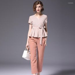 Women's Tracksuits Summer Autumn Women Pants Sets 2 Piece OL Fresh Office Wear Striped V-neck Shirt Full Straight-legged