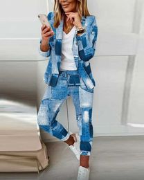 Women's Two Piece Pants Women's Blazer Suits Set Woman 2 Pieces Denim Look Print Shawl Collar Blazer Pants Set Female Fashion Clothes 2022 Casual T221012