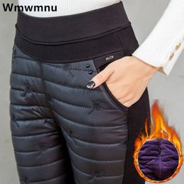 Womens Pants Capris Winter Embroidery Down Cotton Slim Pencil Women High Waist Thick Velvet Lined Trouser Casual Warm Oversized Mom Pantalones 221118