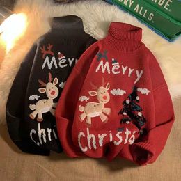 Women's Sweaters 2022 Merry Christmas Letter Cartoon Deer Sweater Winter Women's High Neck Pullover Sweater Women Black Loose Thickened Sweaters T221019