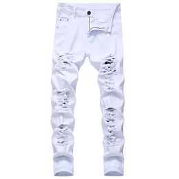 Men's Jeans Straight Hole Destruction Trousers Distressed Men Denim Fashion Designer Brand White Pants Male Large Size 221118